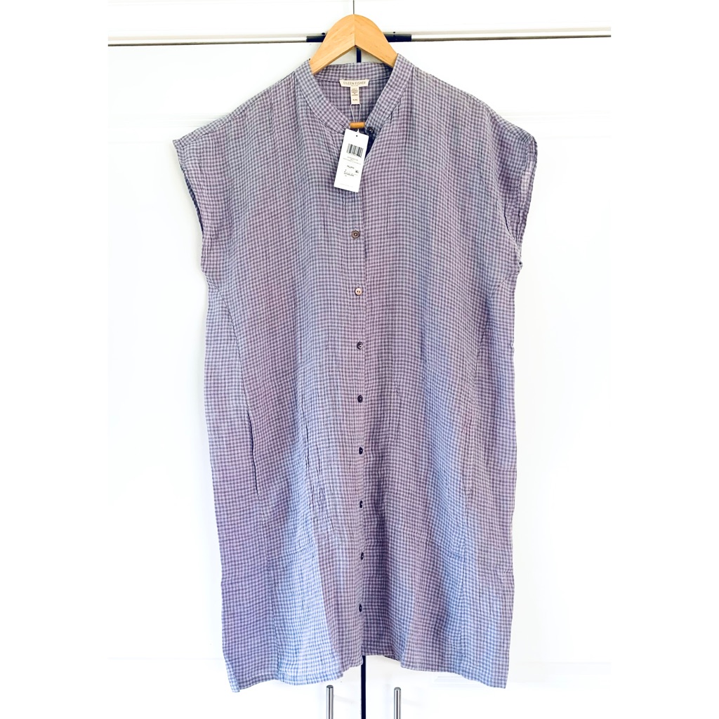 Eileen Fisher Organic Linen Shift Dress Band Collar Purple Gingham Size L Petite